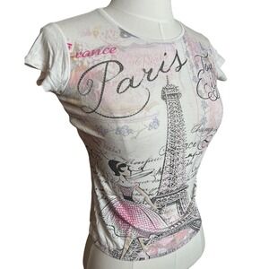 Y2K France Eiffel Tower Graphic Rhinestone Baby Tee White Euro Summer Girly XS